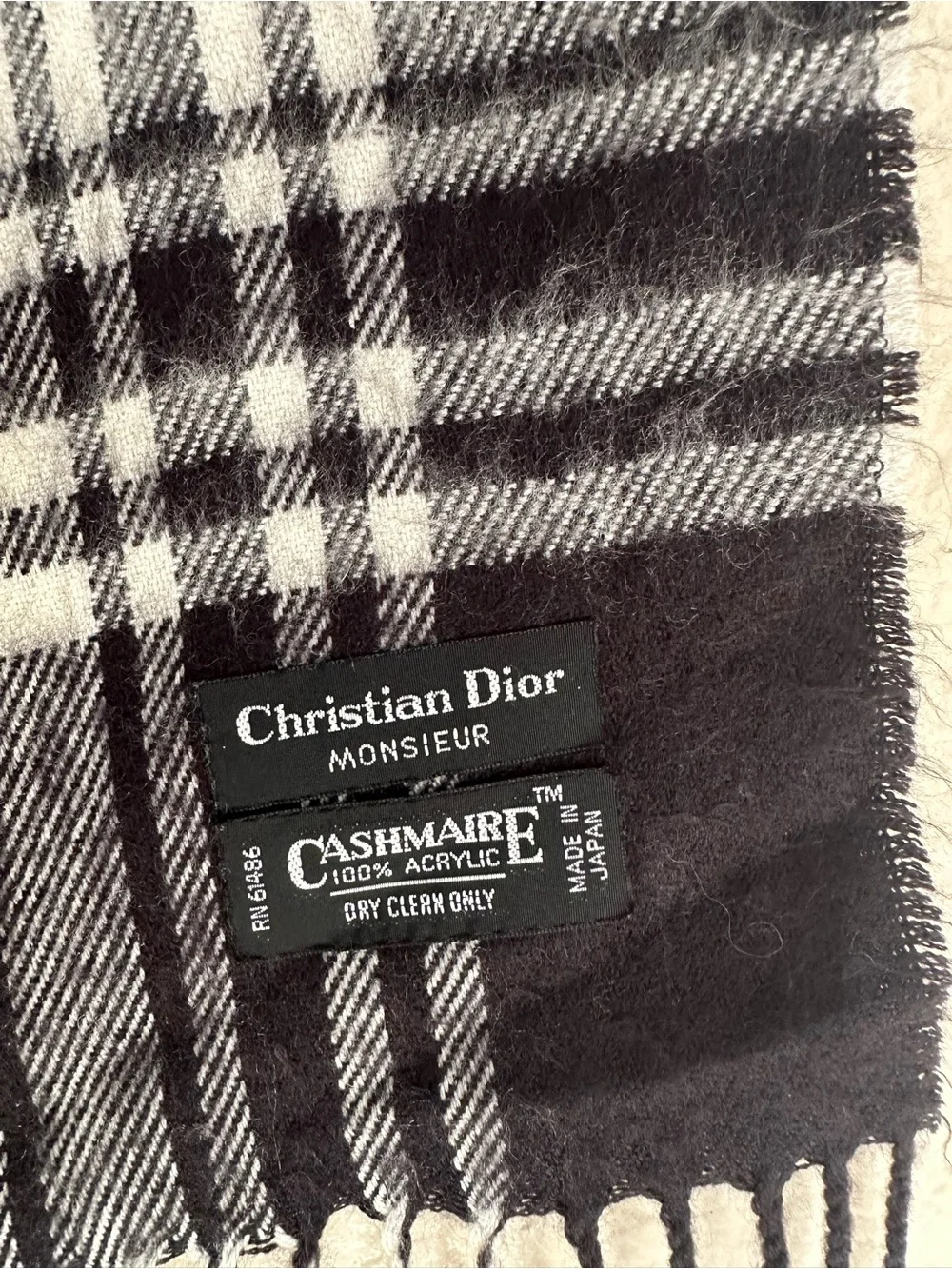 Christian Dior Black & White Plaid Fringed Men's Scarf